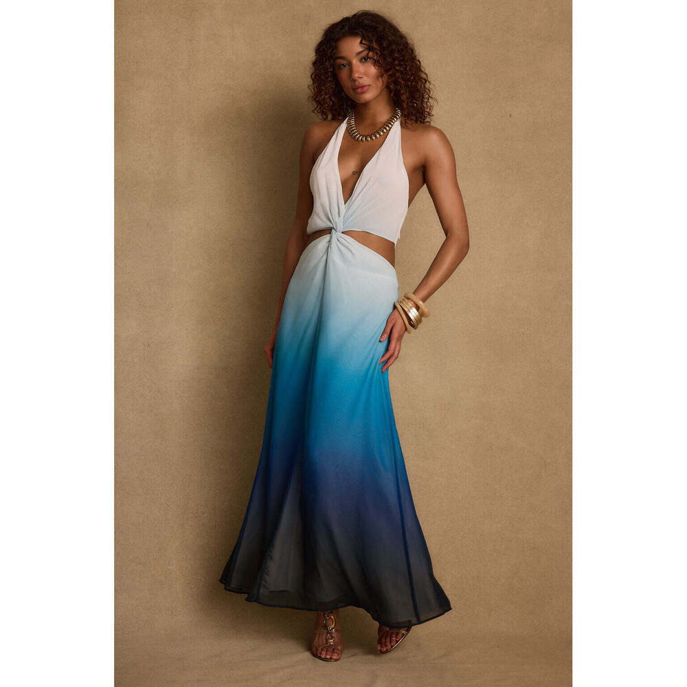 12th Tribe Lapis Blue Ombre Halter Maxi Dress Size MM